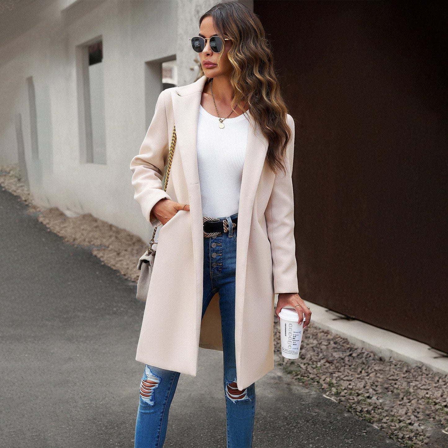 Slouchy Woolen Solid Color Temperament Commute Coats