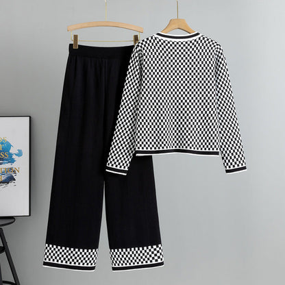 Women's Plaid Fashion Casual Knitted Two-piece Suits