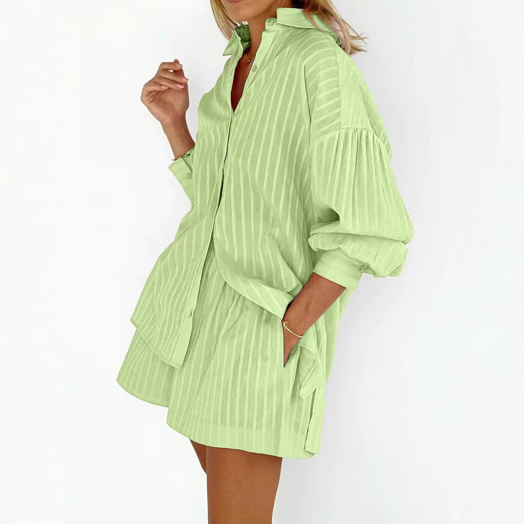 Women's Cotton Jacquard Striped Lapel Puff Sleeve Suits
