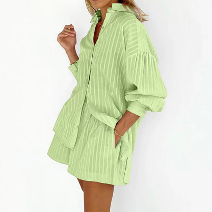 Women's Cotton Jacquard Striped Lapel Puff Sleeve Suits