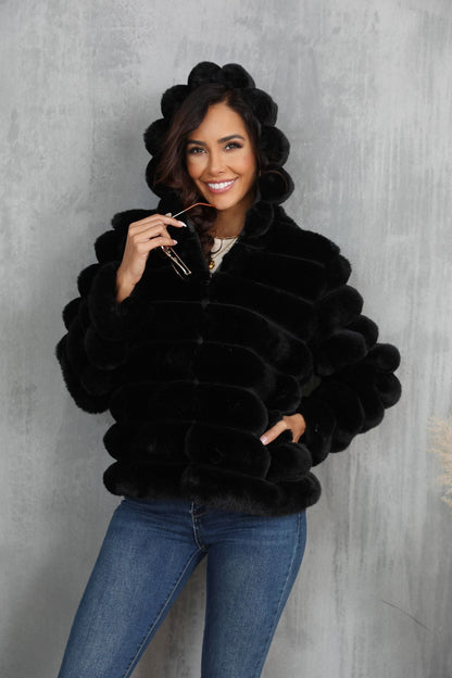 Women's Striped Hooded Imitation Fur Cropped Plush Coats