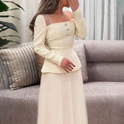 Women's Fashion Square Collar Gauzy Stitching High Suits