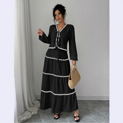 Women's Lace Layered Pleated Lantern Sleeve Bow Suits