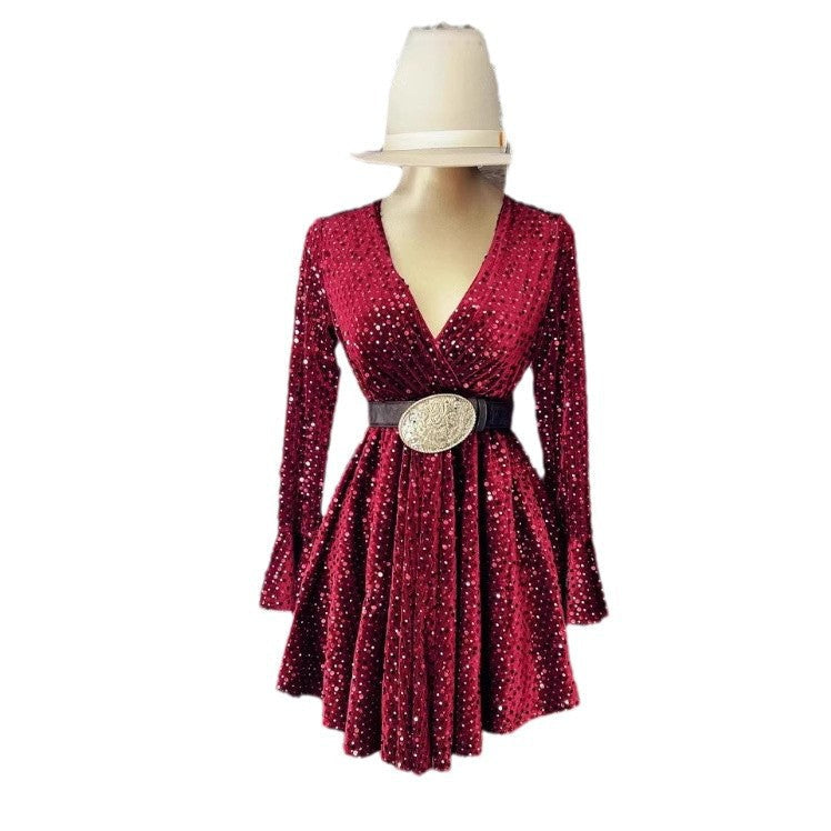 Women's Sequined Flared Sleeves Dress With Lining Dresses
