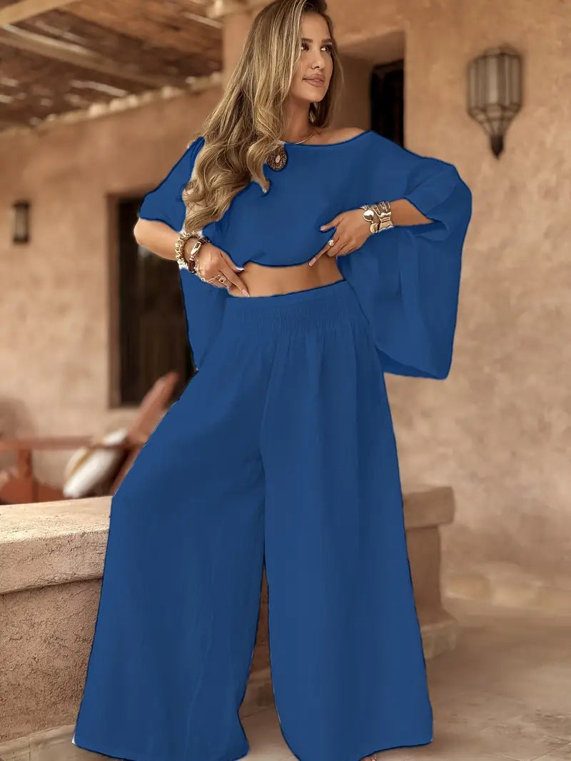 Women's Solid Color Elegant Two-piece Round Neck Wide Suits