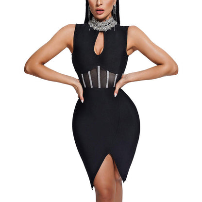 Women's Turtleneck Rhinestone Sexy Cutout Mesh Front Slit Bandage Dresses