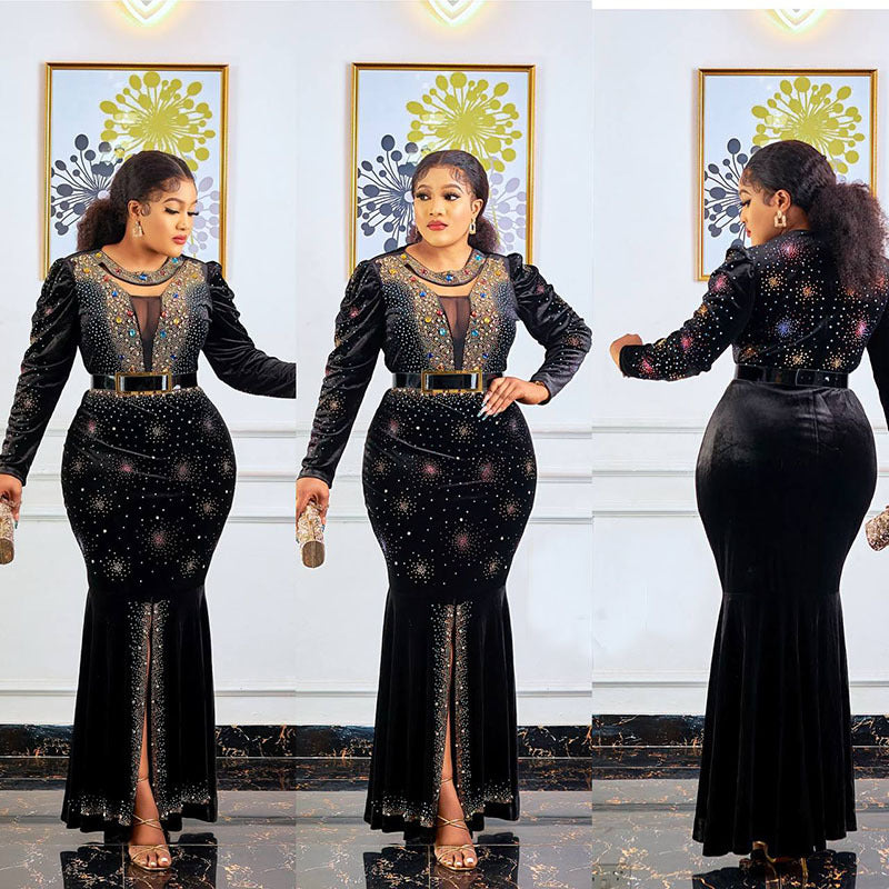 Women's Gold Veet Rhinestone Luxury Fishtail Long-sleeved Dress Long Dresses