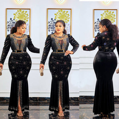 Women's Gold Veet Rhinestone Luxury Fishtail Long-sleeved Dress Long Dresses