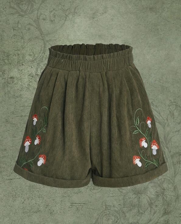Corduroy Mushroom Embroidered Elastic Waist Casual Shorts