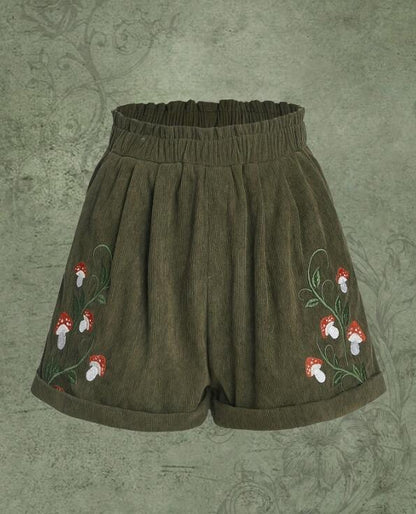 Corduroy Mushroom Embroidered Elastic Waist Casual Shorts