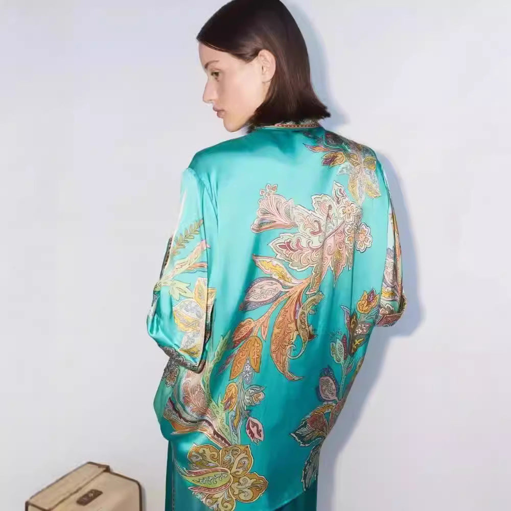 Vintage Printed Satin Sleeve Lapel Shirt Suits