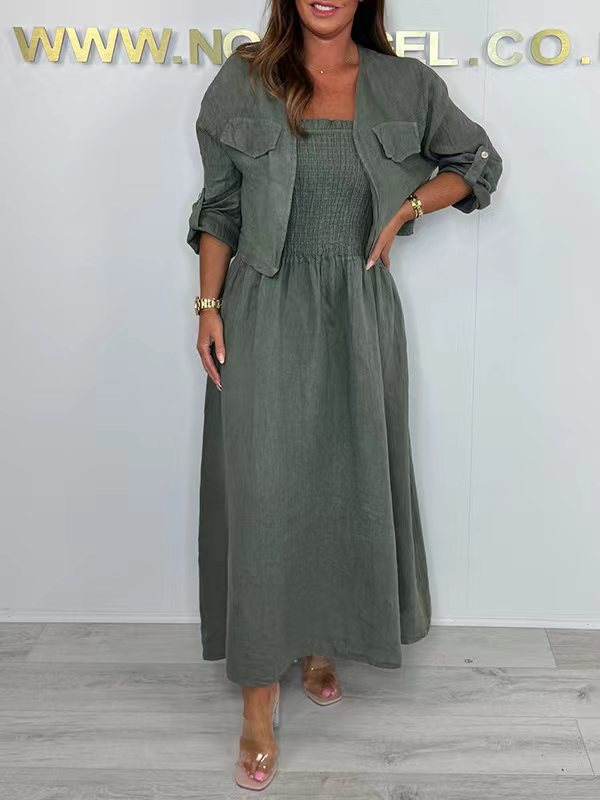 Women's Casual Long Dress Suspender Set Cardigans