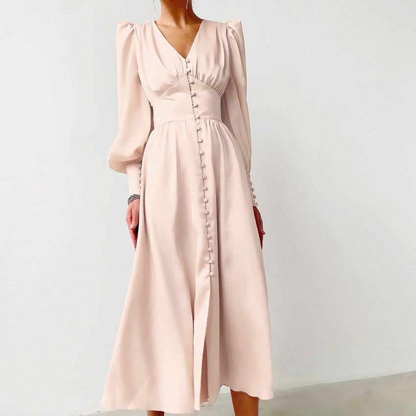 Women's Sleeve Elegant Slim Satin Court Waist Dresses