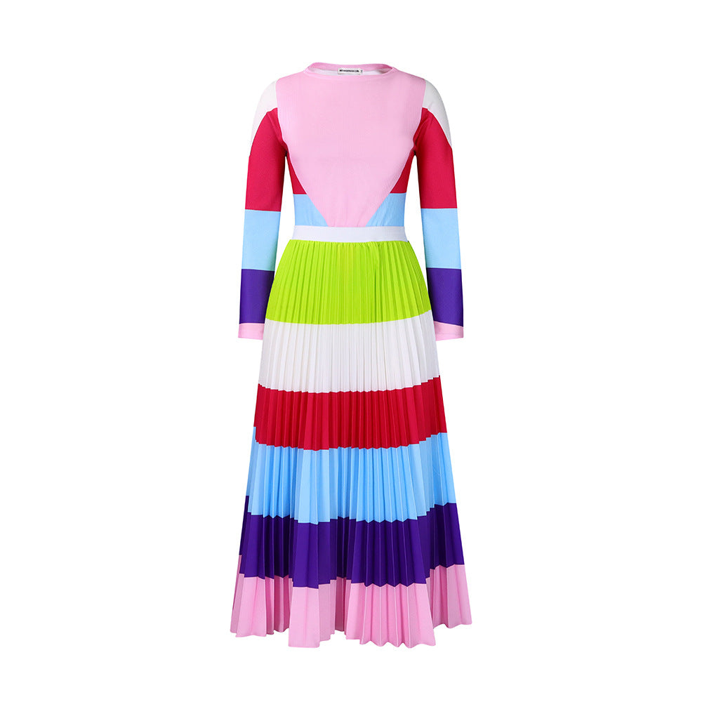 Autumn Pleated Print Contrast Color Long Sleeve Fashion Suits