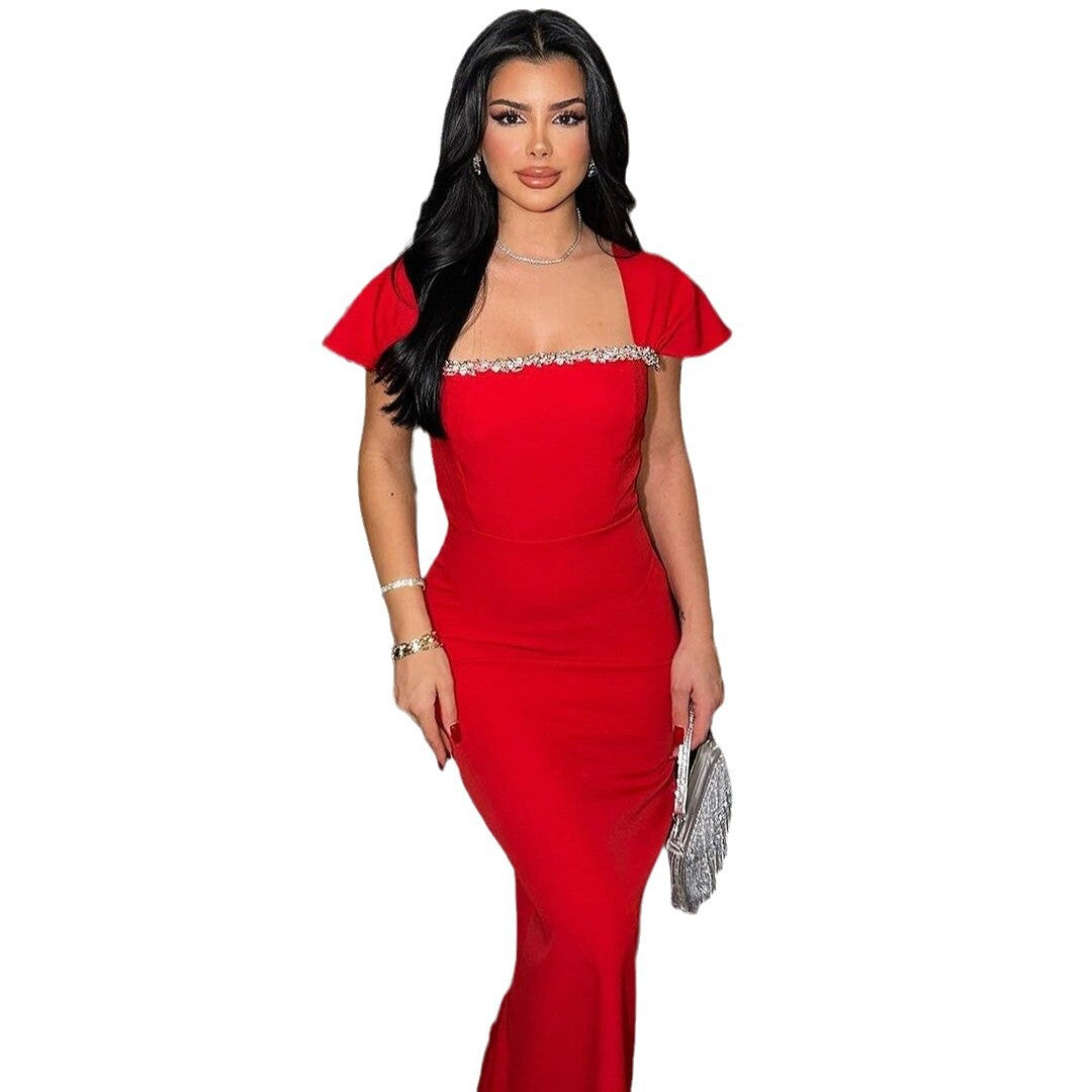 Fashion Shoulder Sleeve Rhinestone Square Collar Dresses