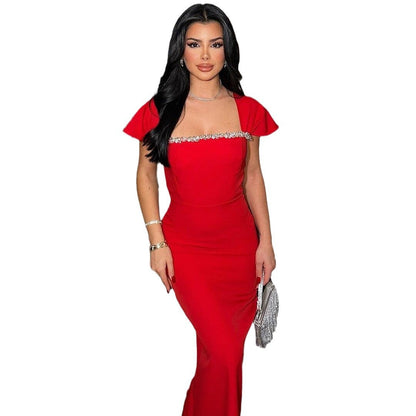 Fashion Shoulder Sleeve Rhinestone Square Collar Dresses