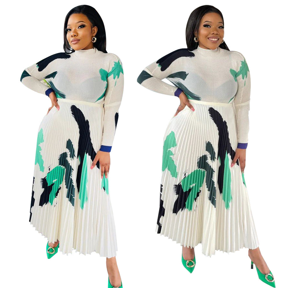 Women's Large Long-sleeved Printed Pleated Two-piece Suits