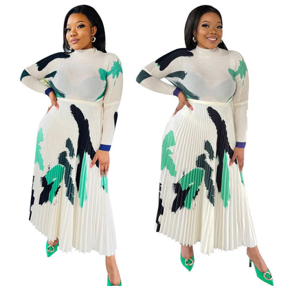 Women's Large Long-sleeved Printed Pleated Two-piece Suits