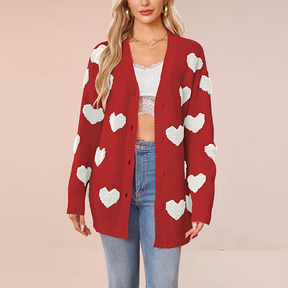 Women's Valentine's Day Heart Knitted Buttons Mid-length Sweaters