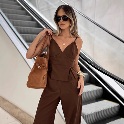 Women's Retro Brown Sling Trousers Two-piece Summer Suits
