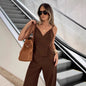 Women's Retro Brown Sling Trousers Two-piece Summer Suits