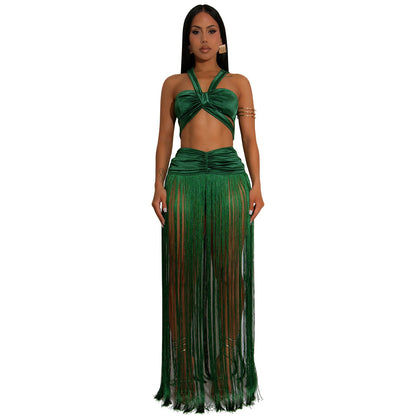 Women's Fashion Wear Sexy Shoulder Strap Tassel Dress Suits