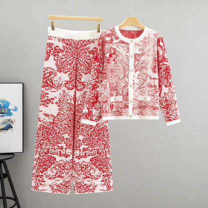 Women's Jacquard Landscape Painting Fashionable Knitted Round Suits