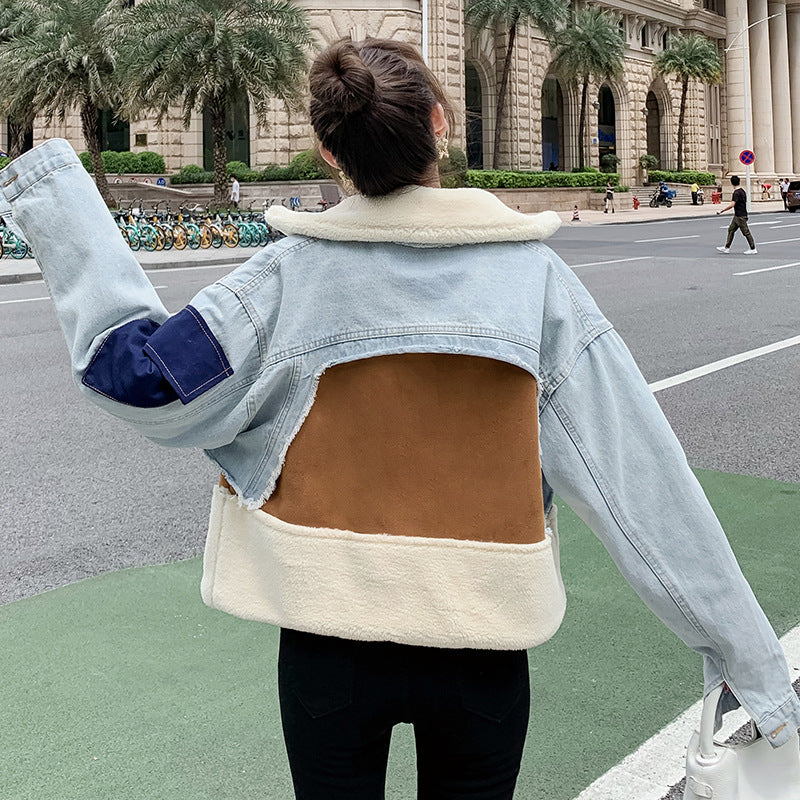 Women's Sense Niche Loose Fur Integrated Suede Lamb Denim Coats