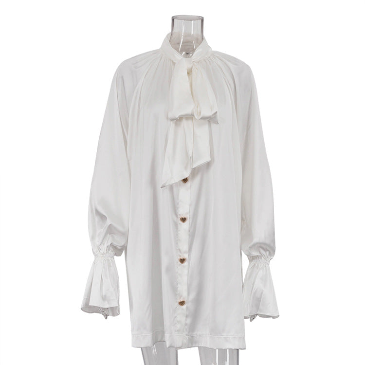 Women's Fashionable White Shirt Dress Satin Draping Dresses