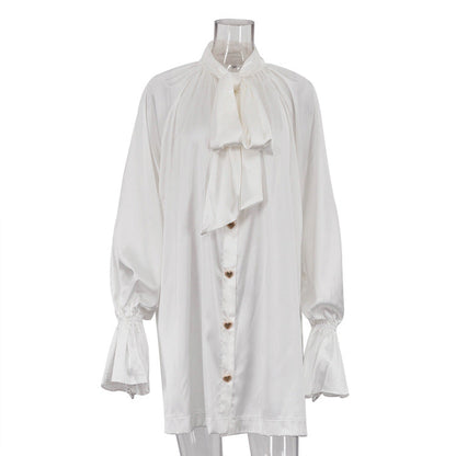 Women's Fashionable White Shirt Dress Satin Draping Dresses
