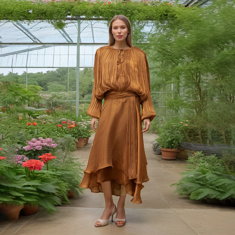 Women's Color Long Dress Autumn Waist Slimming Sleeve Dresses
