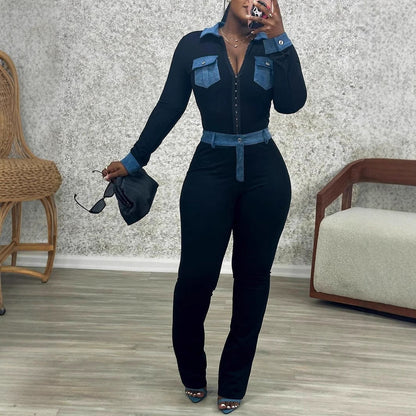 Women's Fashion Denim Stitching Sexy High Waist Suits