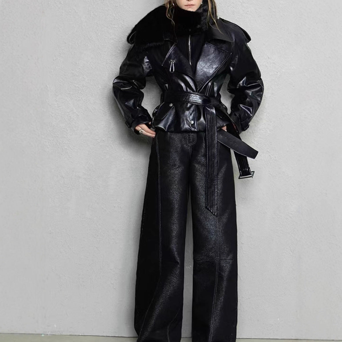 Temperament Solid Color Long Sleeve Belt Waist Trimming Coats