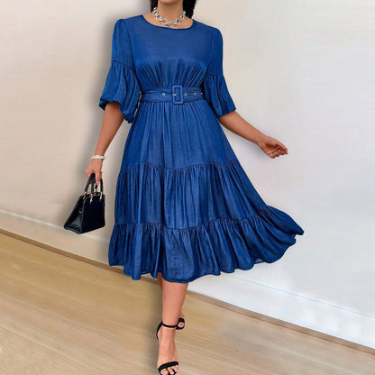 Women's Bubble Sleeve Round Neck Fashion Denim Dresses