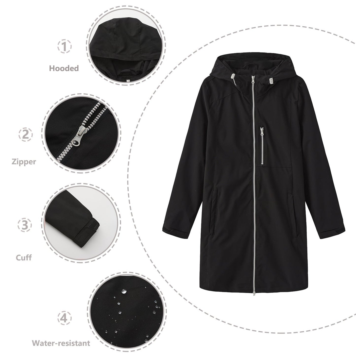 Women's Waterproof Windbreaker Hooded Long Sleeve Loose Coats