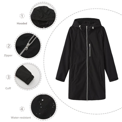 Women's Waterproof Windbreaker Hooded Long Sleeve Loose Coats