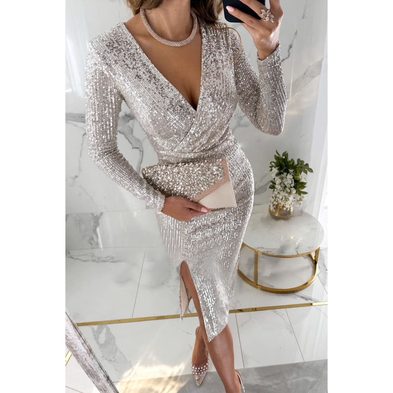 Sequined Split Long Sleeve Dress Casual Dresses