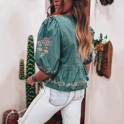 Women's Comfortable Russian Embroidered Short-sleeved Shirt Tops
