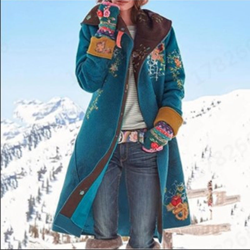 Women's Mid-length Printed Long-sleeved Dragon Phoenix Woolen Coats