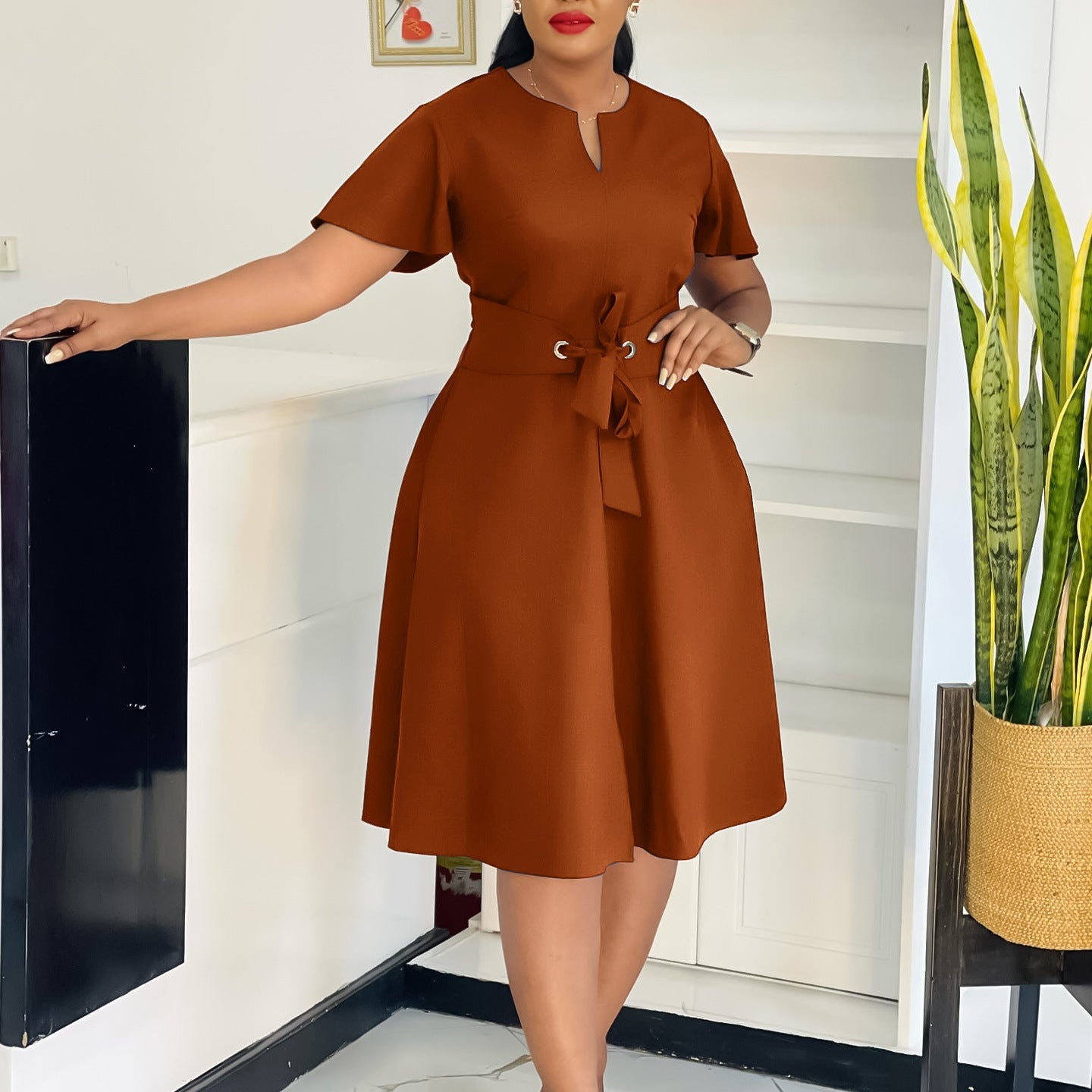 Women's Summer Fashion Temperament Pure Color Sleeve Dresses