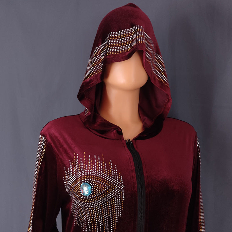 Women's Muslim Long-sleeved Hooded Robe Veet Rhinestone Dresses