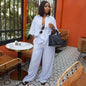 Women's Casual Polo Collar Three-quarter Sleeve Striped Shirt High Waist Suits