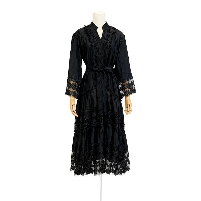 Women's Lace Embroidery Stitching Ruffled Long Dress Dresses