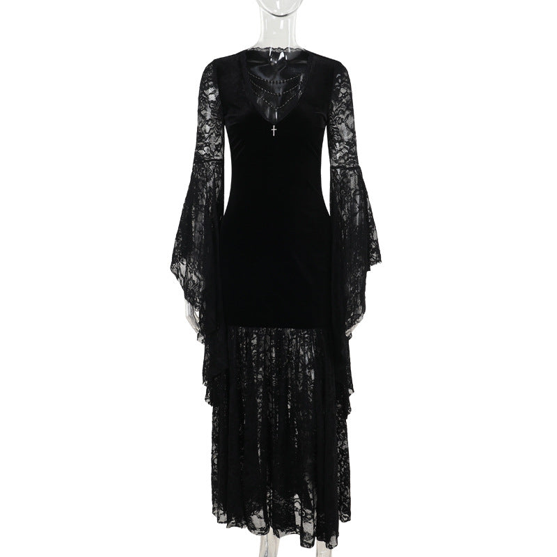 Women's Autumn Elegant Batwing Sleeve Lace Stitching Dresses
