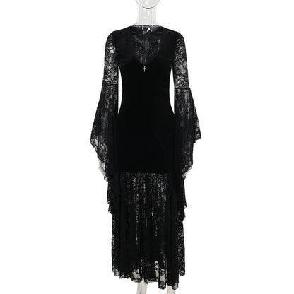 Women's Autumn Elegant Batwing Sleeve Lace Stitching Dresses
