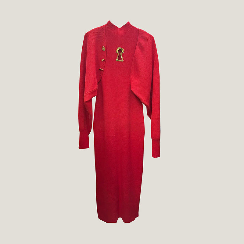 Women's Elegant Metal Decorative Batwing Sleeve Knitted Elastic Long Dresses