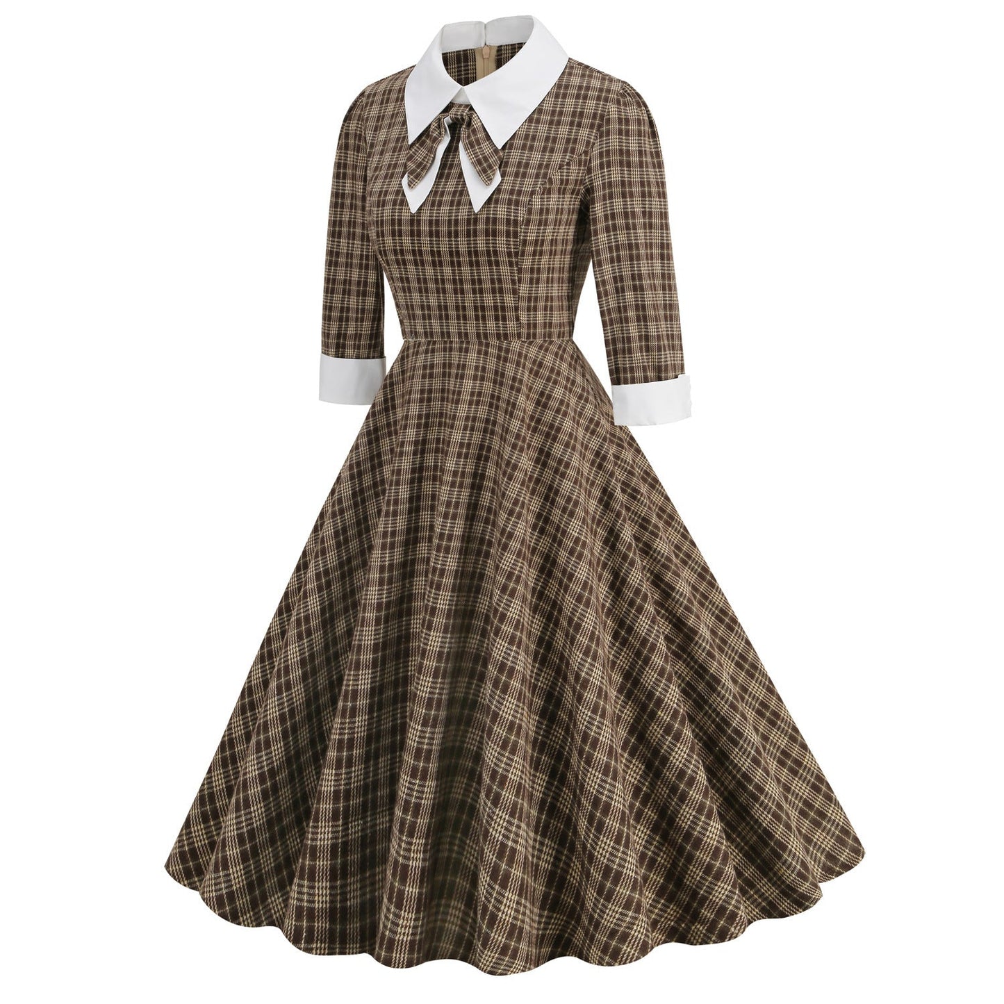 Women's Hepburn Style Retro British Lattice Contrast Color Collar Bow Dresses