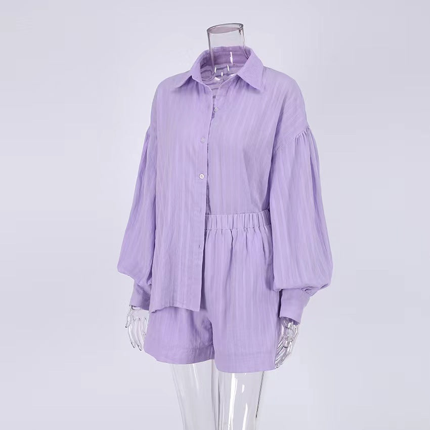 Women's Cotton Jacquard Striped Lapel Puff Sleeve Suits