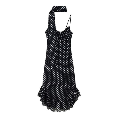 Women's Retro Dots Printed Scarf Ruffled Spaghetti Dresses