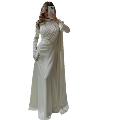 Women's Pleated Irregular White Long Sleeve Slim Dresses
